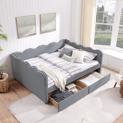 Queen Size Cozy Gingham Daybed with Two Storage Drawers, with USB Port and Adorable Wave Shaped, Linen Fabric