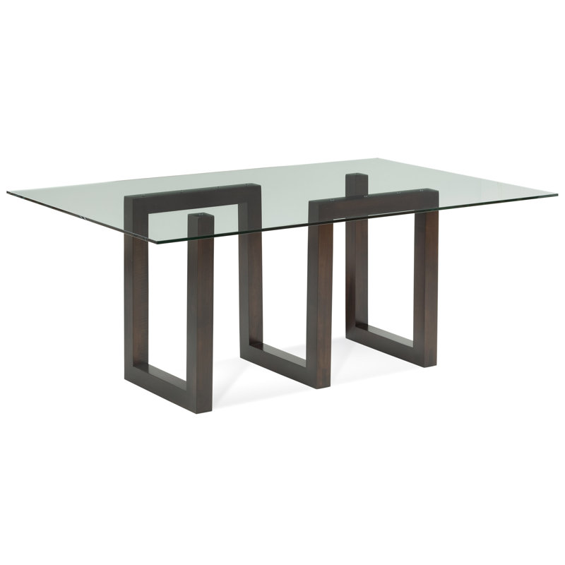 Reesa Glass Top Solid Wood Base Dining Table, Walnut, 29" H x 84" L x 44" W