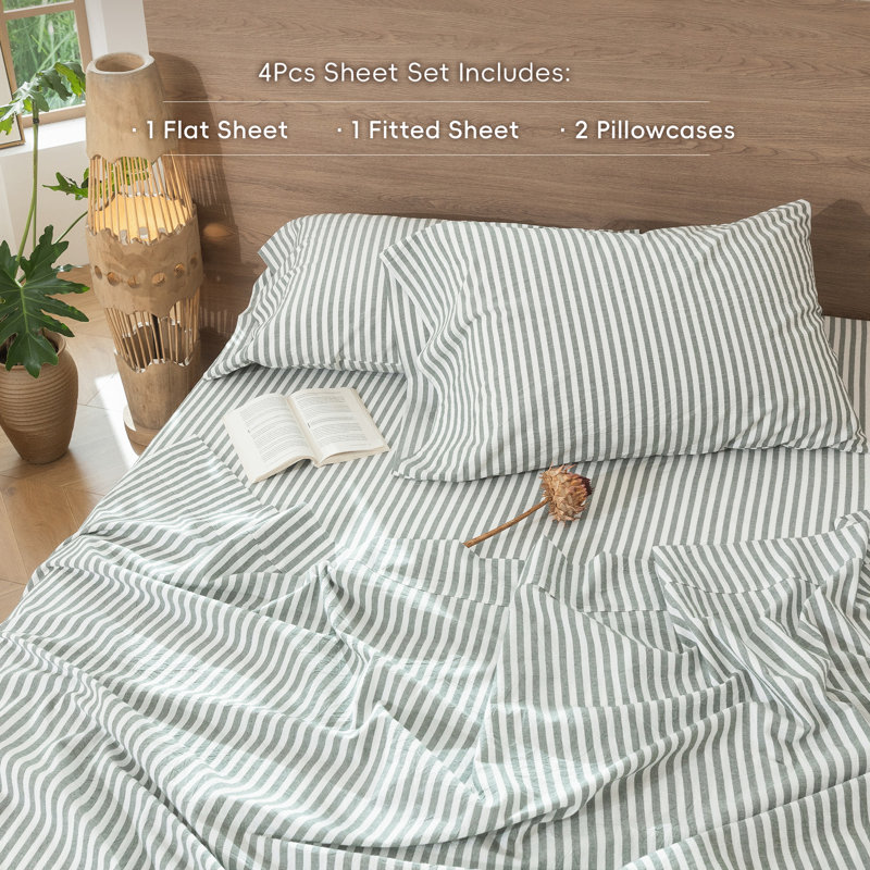 MooMee Striped Sheet Set 100% Washed Cotton Linen Like Textured Breathable Lightweight, Queen Sheet Set with 2 Pillowcases