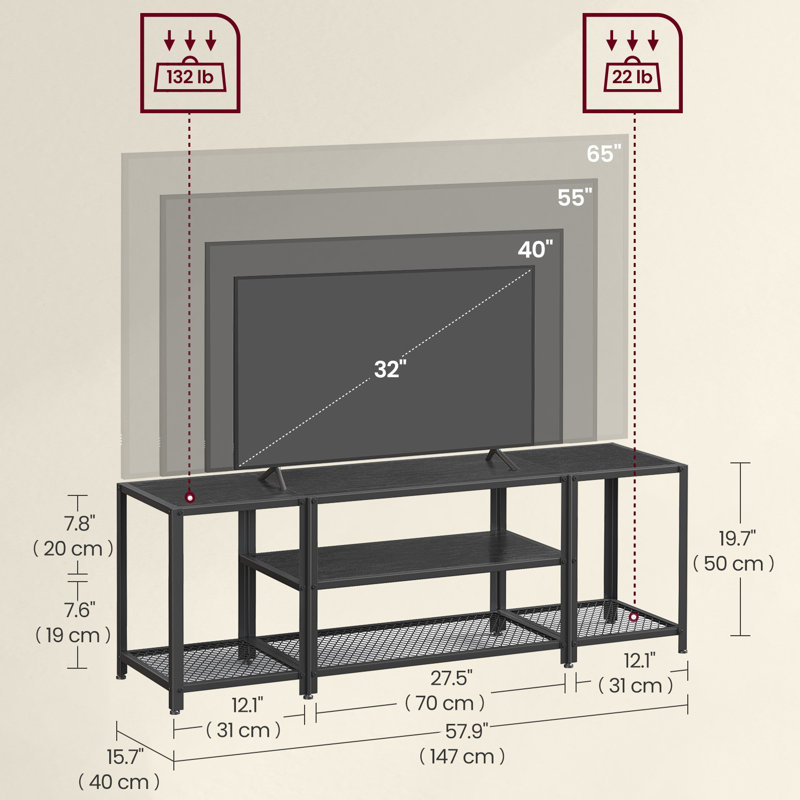 Ferdinandine TV Stand for TVs, Charcoal Gray/Ink Black, 19.7" H X 57.9" W X 15.7 D