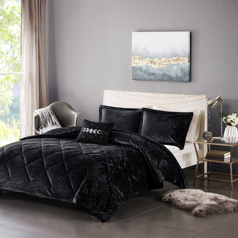 Édredon simple / simple TG avec velours - noir, matelassage losangé, lavable à la machine, coussin décoratif pour losange, délavé