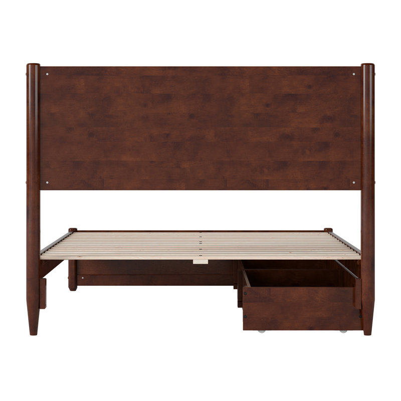Lit plateforme en bois avec pied de lit et tiroirs de rangement Ronan, Noyer, Lit double