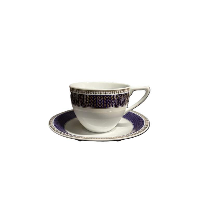 Ensemble de tasse à thé et soucoupe en porcelaine - blanc avec bande géométrique bleue et dorée (ensemble de 6)