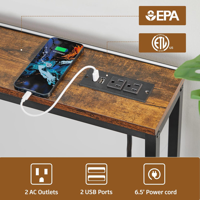 17 Storeys 5.9" Narrow Console Sofa Table with Power Outlets and USB Port, 5.9" Dx39.4 Wx31.1 H Long Behind Couch Table with Metal Frame and 6.5’ Extension Cord, Rustic Brown