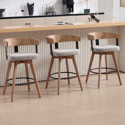 Ensemble de 3 tabourets de bar pivotants modernes en lin gris avec dossier et repose-pieds