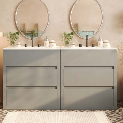 60" Double Sinks Bathroom Vanity Set,Bathroom Cabinet With Two Separate Ceramic Sinks,Full-Extension Drawers & Soft Close Undermount Drawer Slides