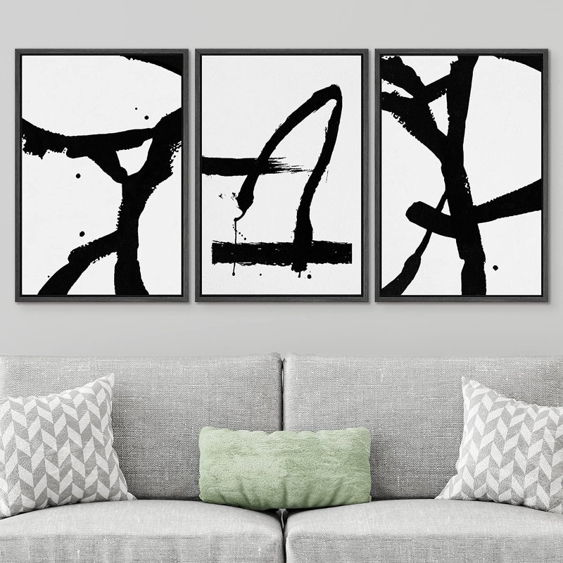 BAW Trio Of Dark Paint Strokes, Abstract Shape Abstract, illustrations encadrées sur toile, 3 pièces, Cadre noir