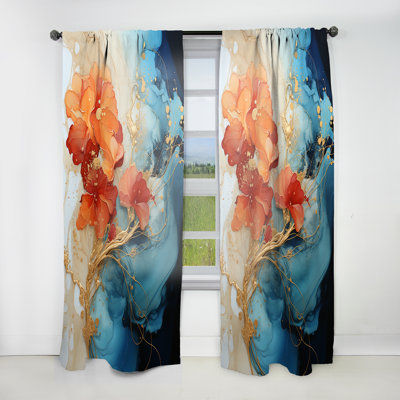 Orange Teal Abstract Fractal - Modern Curtain - Velvet Room Darkening - 1 Panel