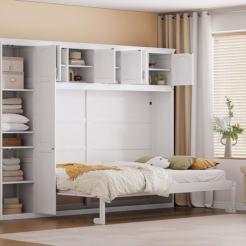 Queen Size Murphy Bed Wall Bed with Cabinets,White