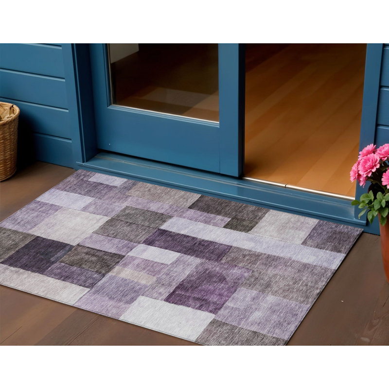 3' X 5' Eggplant And Lavender Geometric Washable Indoor Outdoor Area Rug