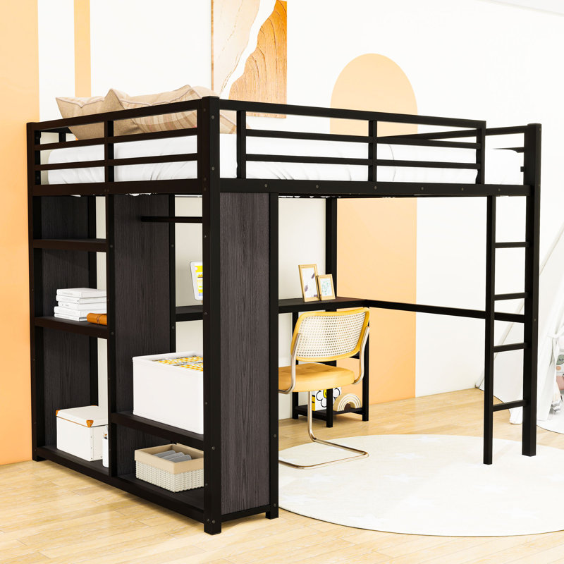 Metal Loft Bed with Wardrobe and Desk, Black, Queen