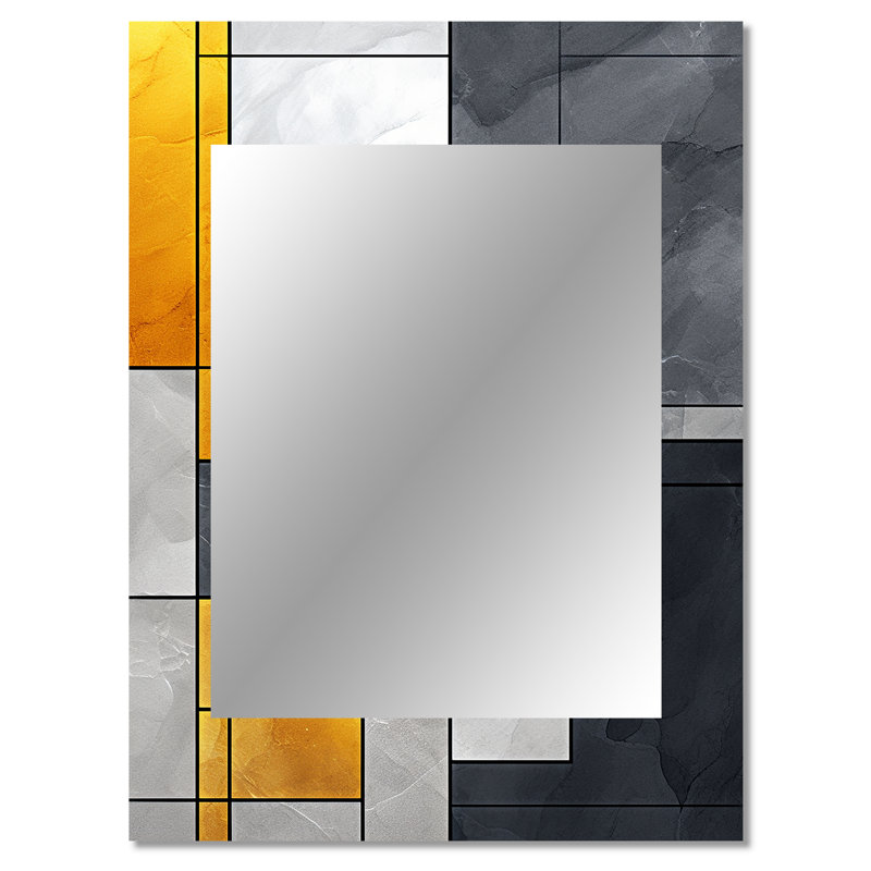 Yellow and Grey geometric fusion 1 - Geometric Mirror, Yellow Decorative Wall Mirror, Printed Metal Art, 40" x 30"