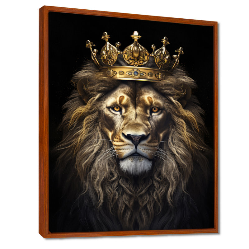 Majestic lion royal avec couronne d'or I - impressions sur toile de lion, H 40 po x l 30 po x P 1,5 po, Cadre flottant brun