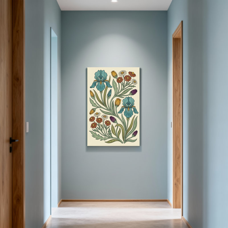 Plantes et fleurs, motif de fleurs et de feuilles d'iris, H 48 po x l 32 po