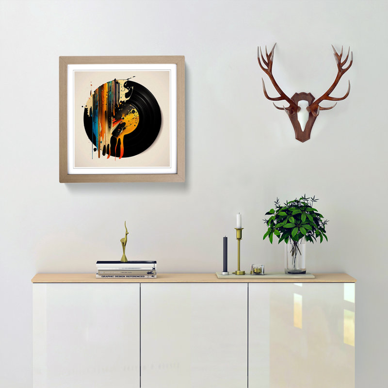Vinyl Record Abstract Expressionism - Single Picture Frame Print on Wood, Oak