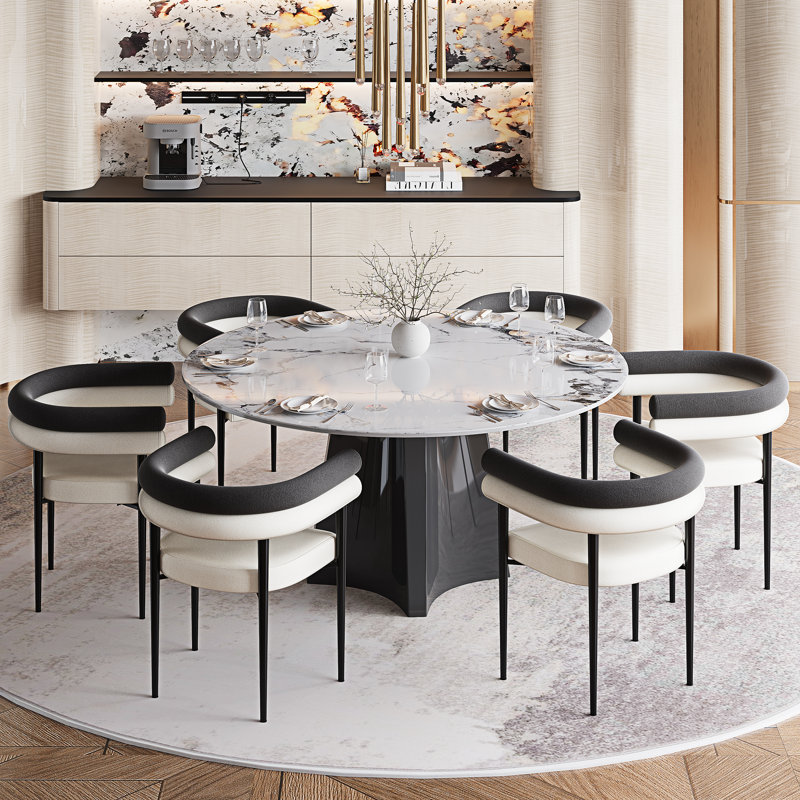 6 - Person Dining Table Set With 51'' Faux Marble Round Table Top With Lazy Susan And Upholstered Dining Chairs