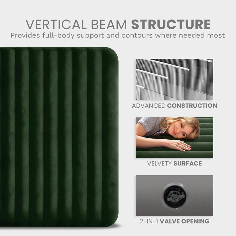 Intex: Dura-Beam: Prestige Downy Airbed - Queen - Green, 10" Inflatable Air Mattress, Fiber-Tech, Velvety Surface, Indoor-Outdoor, 600lb Cap, 64109E