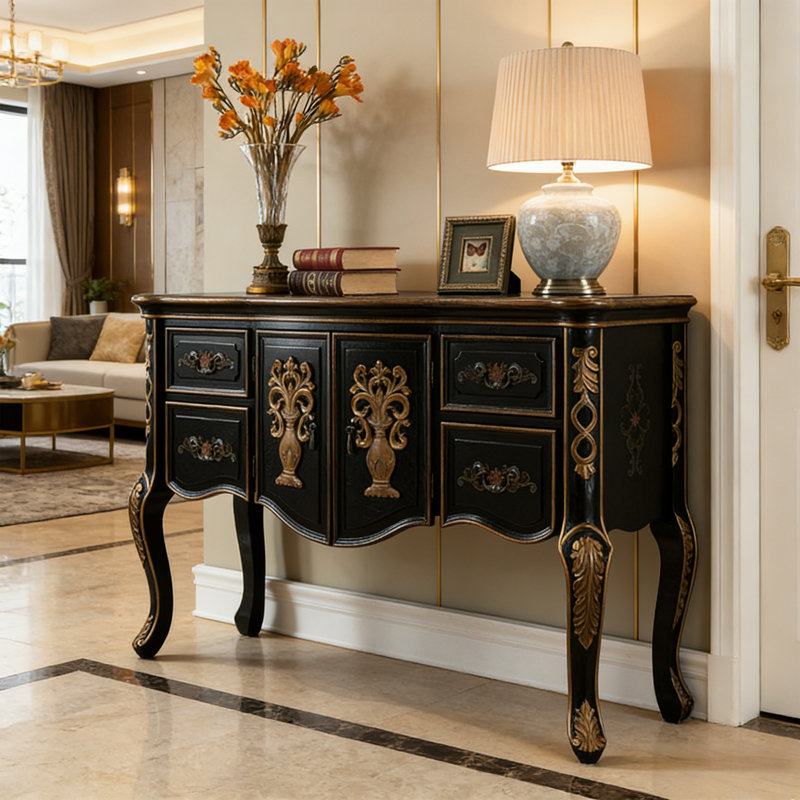 American-style multi-functional entrance cabinet, 35.03" H x 47.24" W x 17.51" D, Black/Gold
