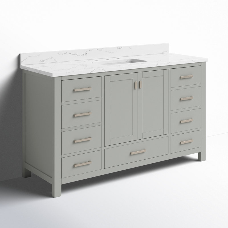 Meuble-lavabo simple 60 po avec plateau Souther, Gris givré, Nickel brossé, Pierre artificielle blanche Cala