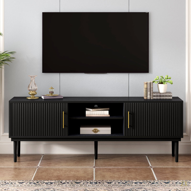 Meuble télé avec portes à rayures verticales, conception de porte coulissante peu encombrante, pieds robustes, polyvalent comme meuble télé ou armoire d'appoint