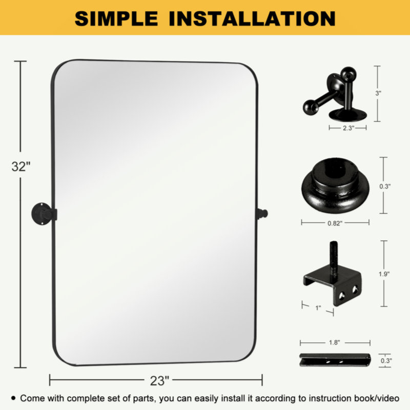 Miroir de salle de bain mural rond en fer avec quincaillerie festonnée, 23 po x 32 po, Noir, noir, noir, noir
