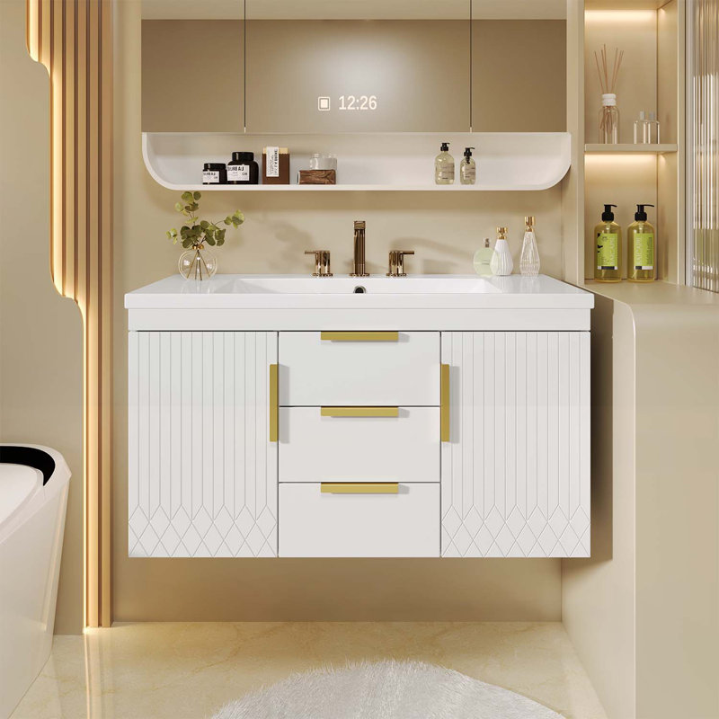 Meuble-lavabo mural avec lavabo et rangement spacieux, Blanc