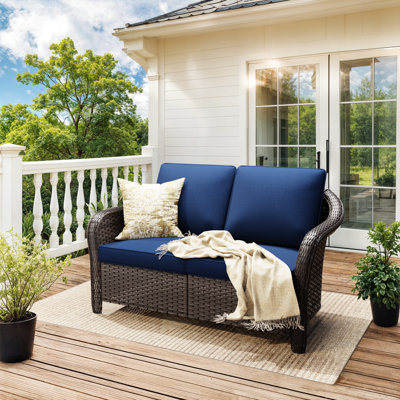 2-Person Polyethylene Wicker Outdoor Loveseat Sofa with Blue Cushions