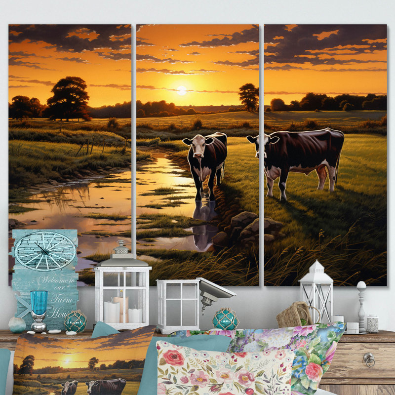 «Cows At Farm Landscape IV», reproduction sur toile 3 pièces, H 40 po x l 60 po x P 1 po