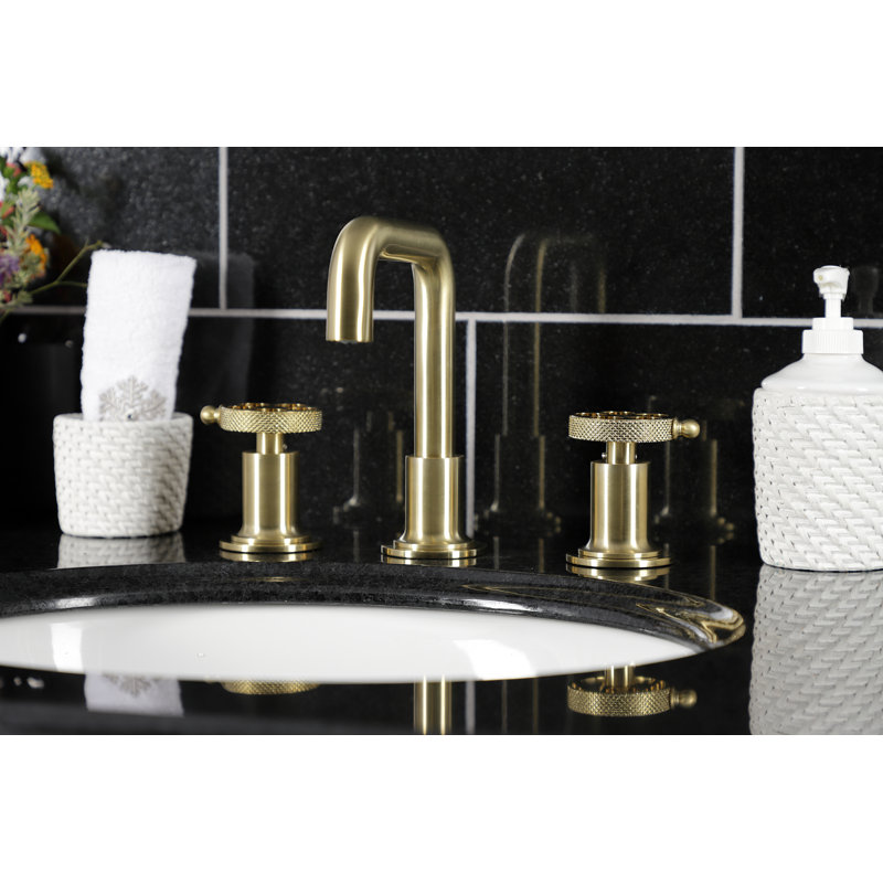 Kingston Brass Webb Two-Handle 3-Hole Deck Mount Widespread Bathroom Faucet with Knurled Handle and Push Pop-Up Drain
