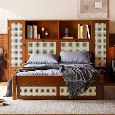 Lit simple en bois avec deux casiers de rangement, un tiroir et une tablette de rangement sur la tête de lit, lit plateforme multifonctionnel en rotin naturel, noyer