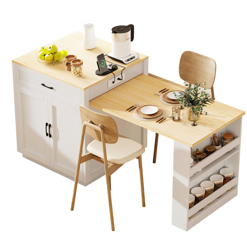 82.7 Inch Extendable Kitchen Island Table For 2-6, White Wood Grain, Double Storage, 1 Port, Type-C Side Storage Area With Power Outlet, 2 Drawers, Shelf