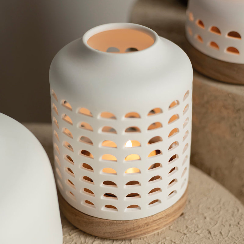 Lantern With Cutouts - Porcelain & Acacia Wood - Large