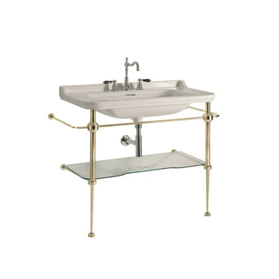 Waldorf 4141 Sink In Glossy White With Three Faucet Holes And Waldorf 9197 Console In Polished Gold