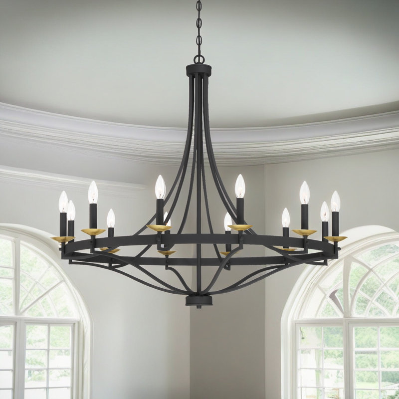 Mattheo 12-Light Dimmable Steel Candle Style Hardwired Wagon Wheel Chandelier with Adjustable Height , Aged Zinc/Satin Brass