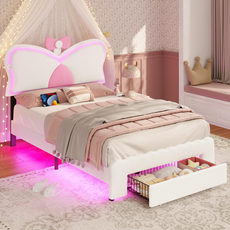 Upholstered Velvet LED Kids Bed with Drawer and Adjustable Headboard, Twin, White