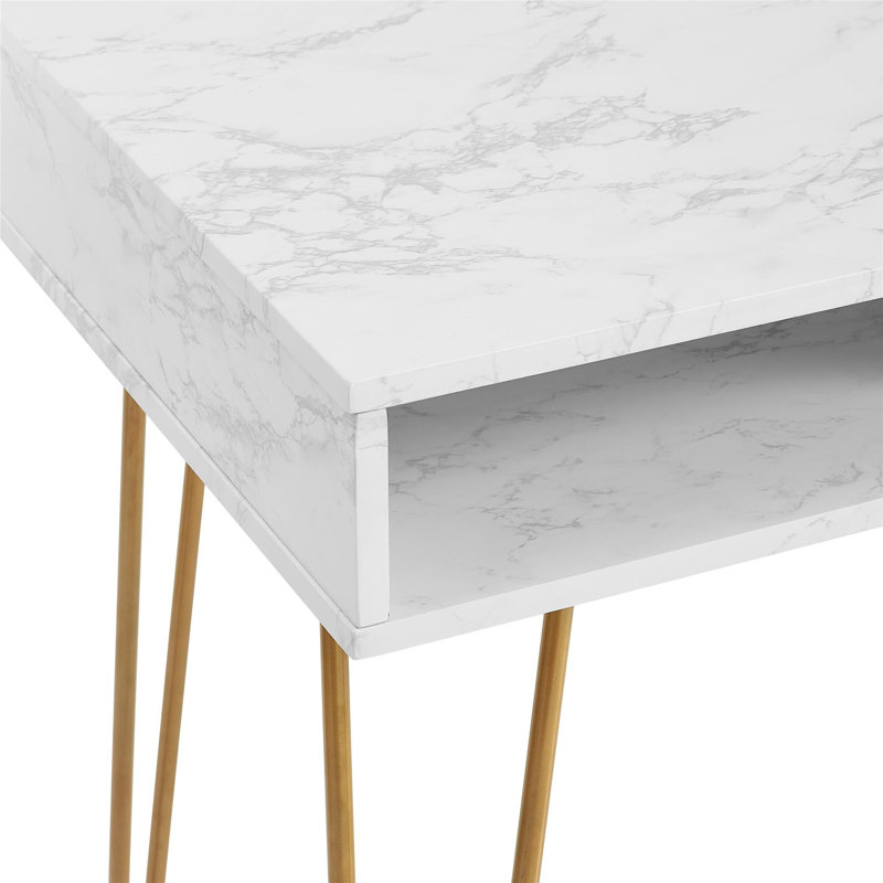Emily Metal Base Writing Desk, White Marble/Gold