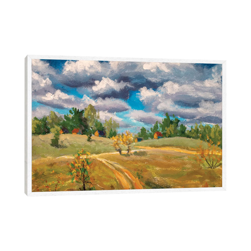 Beautiful Clouds Old Rural Houses In Spring Field by Valery Rybakow - Painting on Canvas, 101.6 cm H x 66.04 cm W
