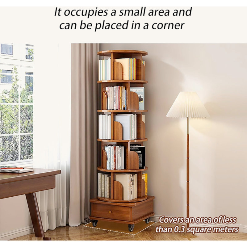  Gulmehak Rotating Bookshelf, 360 Display Corner Bookshelf, 6 Tier Bookcase Storage Rack with Drawer and Wheels for Small Space, Bedroom, Living Room, Study Room