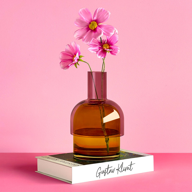 Vase en verre rose moyen et jaune, Rose / Jaune