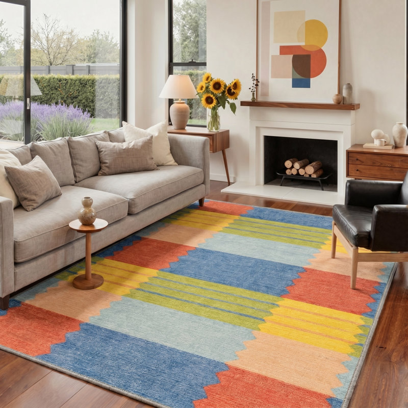 Tapis intérieur bleu / rouge / jaune Liadan Verve lavable à la machine avec envers antidérapant, Rectangle 6' x 9'