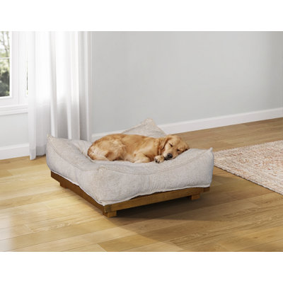 Panier douillet pour chien en similicuir végétalien, 91 x 91 x 25 cm, tissu et bois, 1 pièce, beige.