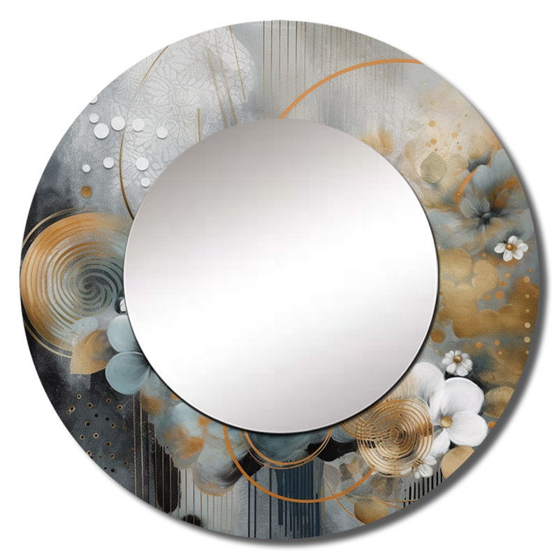 Olivyah Golden Blue Silky Flower Design III - miroir décoratif floral, miroir mural rond bleu, impression d'art en métal