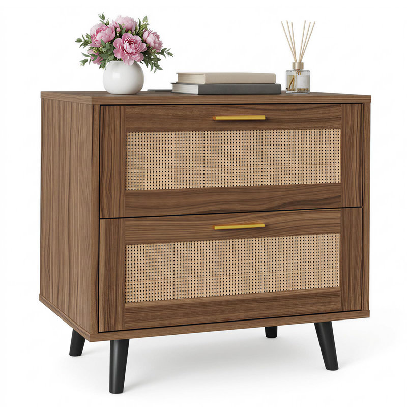 Table de chevet Boho Rattan, Noir noyer, Noyer noir
