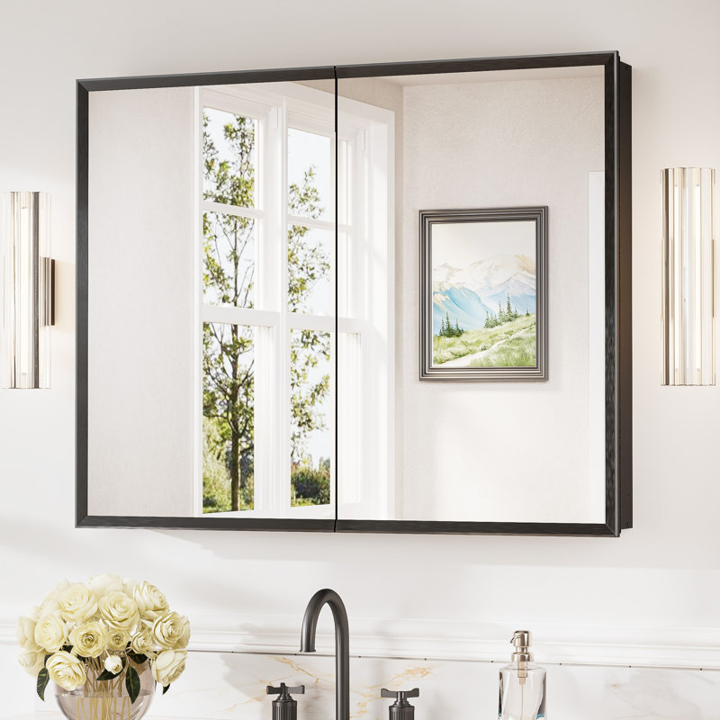 W H Framed Medicine Cabinet Mirror Adjustable, 81 cm H x 102 cm W x 13 cm D, Matte Black