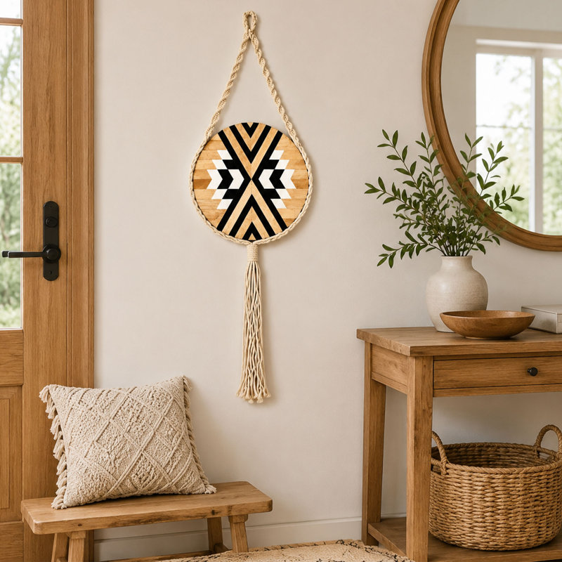 Suspension en bois et corde avec motif géométrique en bois de manguier
