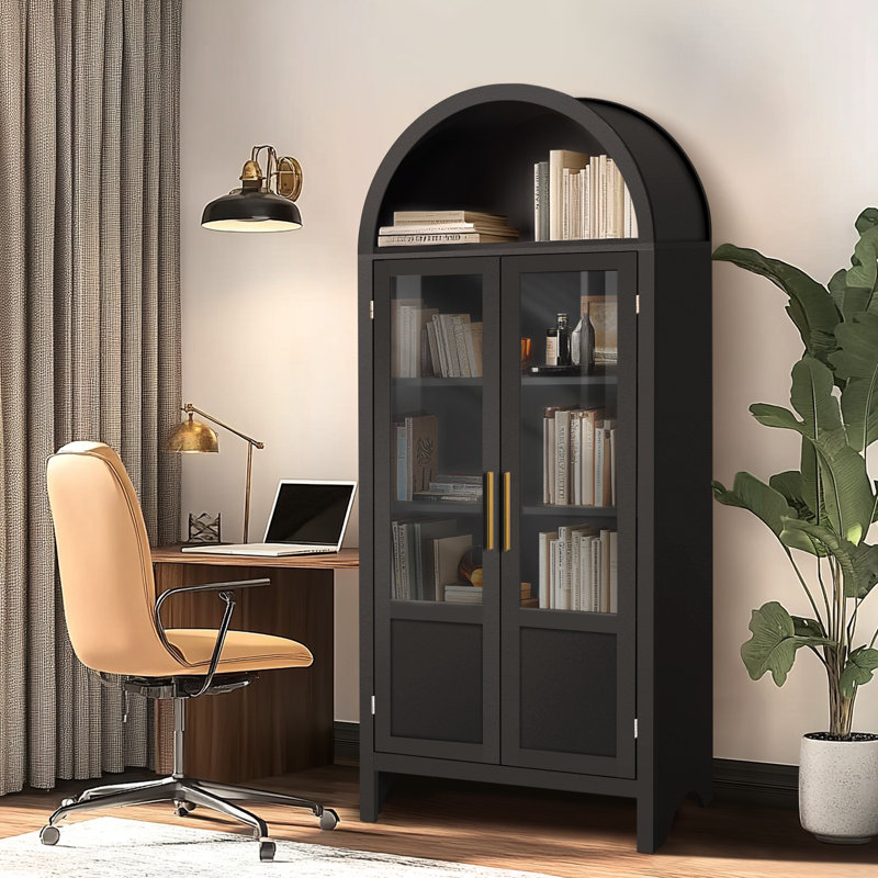 71" Arched Storage Bookcase with Doors, Black