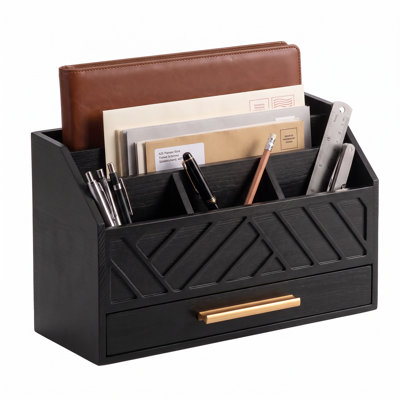 Multi‑Compartment Pine Desk Caddy with Drawer, Mail Document & Stationery Storage Organizer
