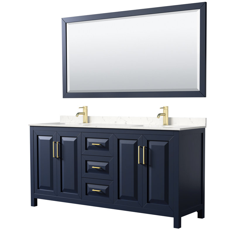 Daria 72'' Double Bathroom Vanity with Carrara Marble Top, Dark Blue, Carrara Cultured Marble, Brushed Gold