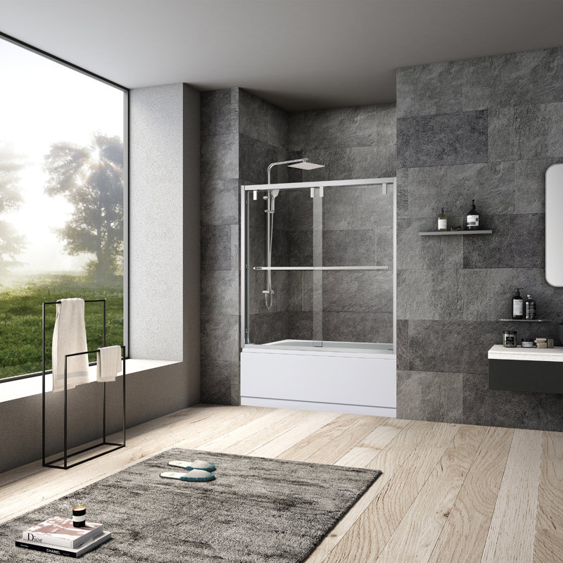 60 in. W x 58 in. H Double Added Framed Tub Door with Clear Glass, Polished Chrome