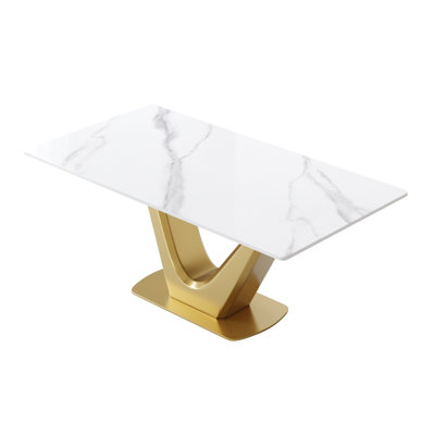 Table de salle à manger 63 po - Plateau en pierre artificielle blanche et pieds en forme de V en métal doré avec pieds rectangulaires, long